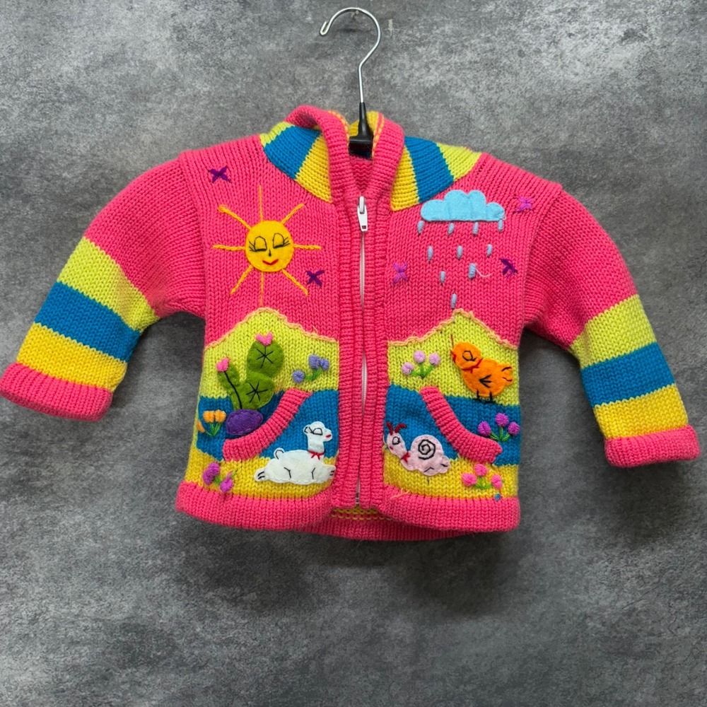 Peruvian Colorful Pink Full Zip Hooded Cardigan Sun Alpaca Desert Size 6-12 Mos